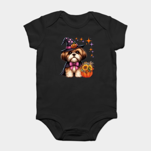 Halloween Shih Tzu Dog Lover Witch Hat Rainbow Pumpkin Baby Bodysuit by JessArty